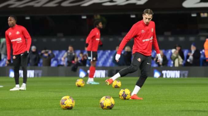 Jack Clarke warming up for Sunderland at Ipswich. Photo_ Ian Horrocks